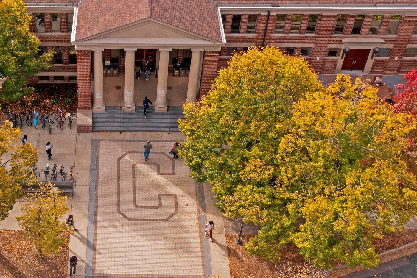 Overhead view of the entrance to the Sayles-Hill student center