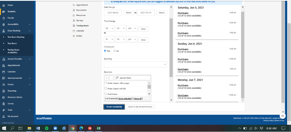 screenshot of webpage to book an exam