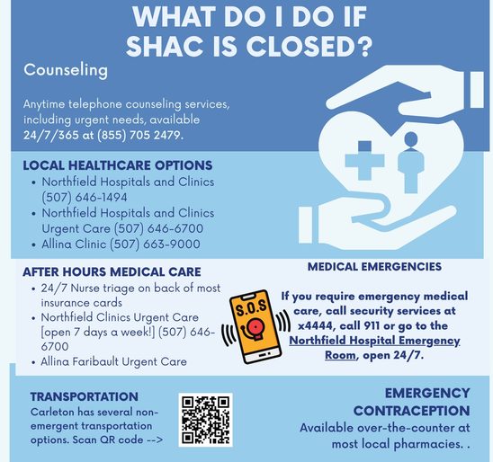 Graphic with options for care when SHAC is closed: Mental Health: 24/7 telephone counseling at 1-855-705-2479. After hours medical care includes Northfield Hospital ER and Northfield Hospitals and Clinics Urgent Care as well as Allina Faribault Urgent Care
