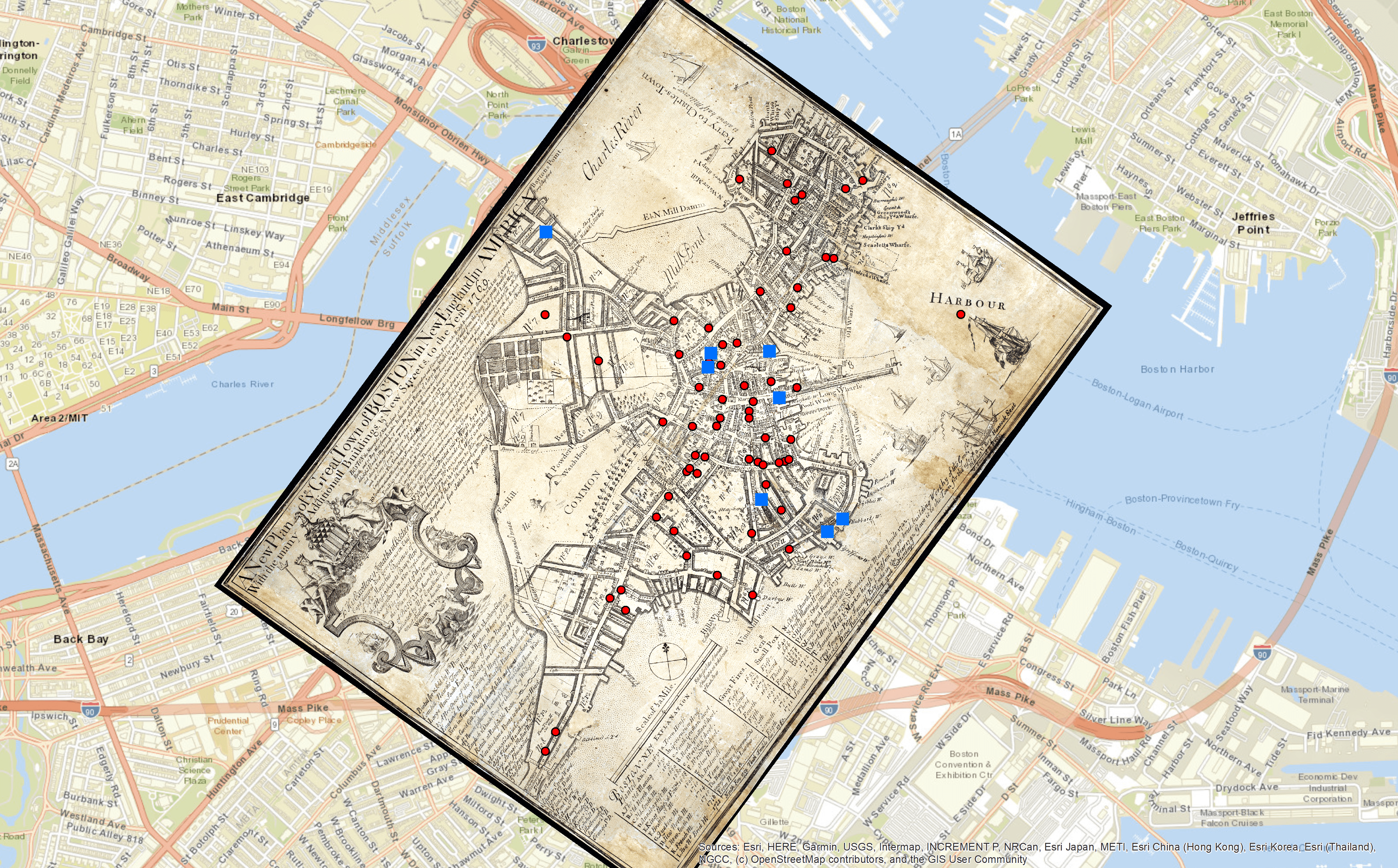 Locations of private homes and barracks accommodating soldiers during the Boston Massacre in 1770.