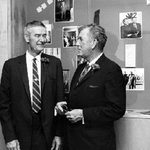 Chatting with his successor, President John W. Nason, at a reception in Gould's honor, fall 1966.