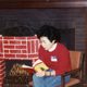 Mariko reading to group in front of a fireplace.