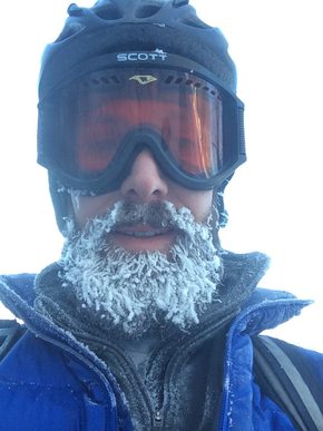 Professor of Biology Dan Hernandez shows off his frozen beard after biking in the Minnesota winter