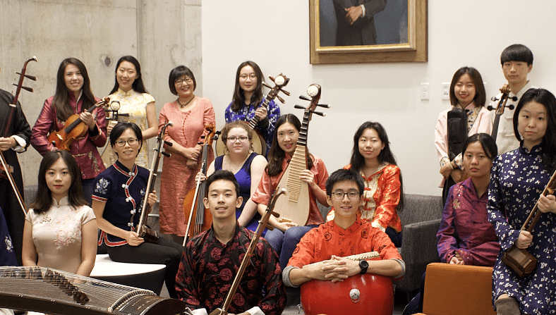 Image of the members of the 2018-19 Chinese Music Ensemble, along with director Gao Hong.