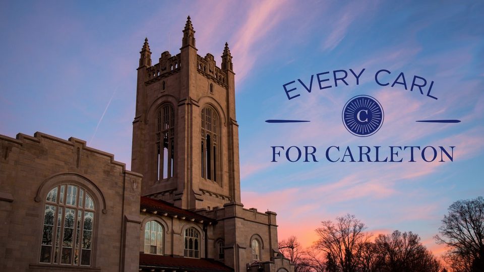 Exterior image of Skinner Memorial Chapel with text: "Every Carl For Carleton."