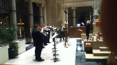 Image of the U of M Trumpet Ensemble performing at the Basilica of Saint Mary in Minneapolis.