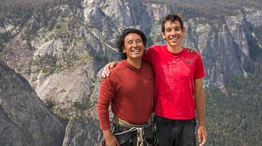 Image of Jimmy Chin '96 and Alex Honnold at the top of El Capitan in Yosemite National Park.
