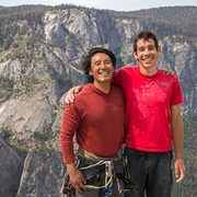 Image of Jimmy Chin '96 and Alex Honnold at the top of El Capitan in Yosemite National Park.