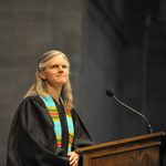 College chaplain Carolyn Fure-Slocum delivers the Salutatory at Opening Convocation.