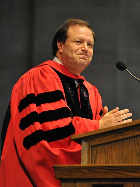 President Steven Poskanzer finishes his welcome address at Opening Convocation.