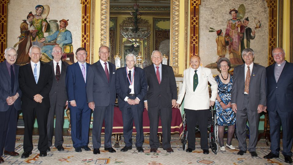 His Royal Highness Prince Philip, the Duke of Edinburgh, welcomes 2011 Templeton Prize Laureate Martin J. Rees and seven other Templeton Prize Laureates to Buckingham Palace