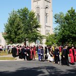 The procession begins the walk to the Weitz Center following the convocation