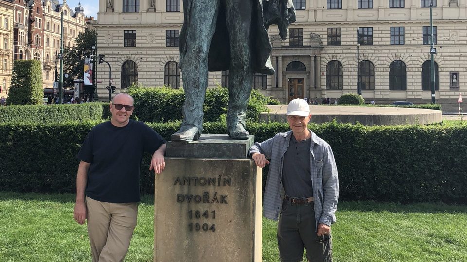 Beccue and McKone at Dvorak's statue at the Rudolfinum in Prague.