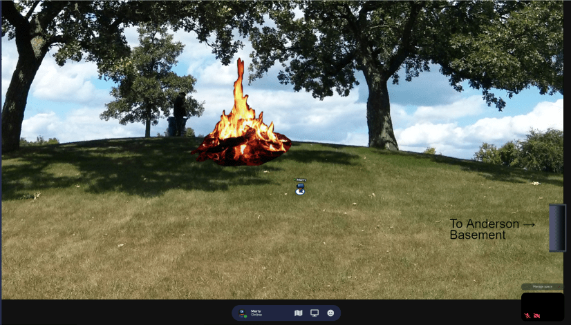 screenshot of virtual bonfire at Hill of Three Oaks