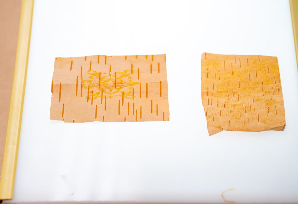 Close-up on two thin pieces of birch bark, which have designs bitten into them.
