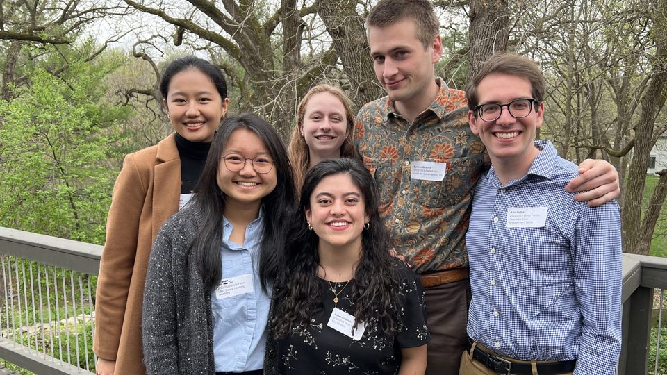 Group photo of 6 of the 7 the 2022-23 Weitz Fellows (Rebecca Chen, Ooi Win Wen, Emily Schulenberg, Isabel Anderson, Tyrone Quigley, Arlo Hettle)