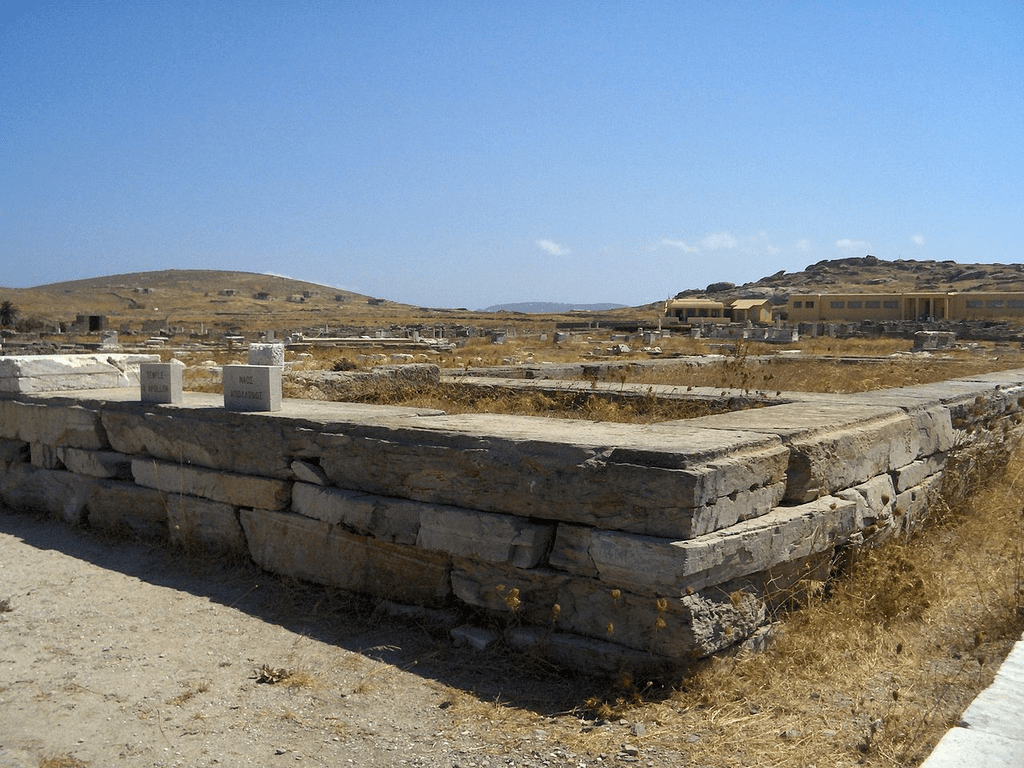 Photo of the ruins of the main Temple of the Delians on the island of Delos, Greece.