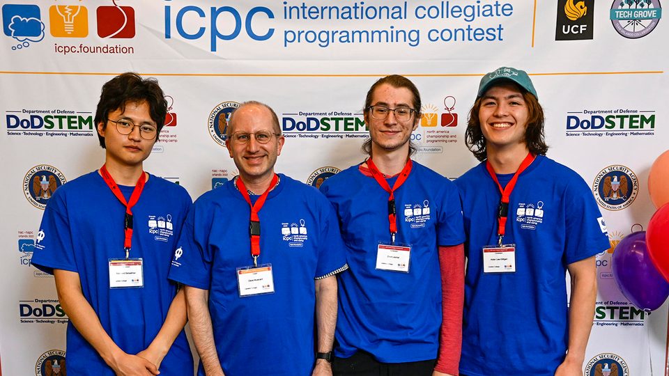 Aidan Lee-Gilligan ’24, Batmend Batsaikhan ’24, Zimri Leisher ’23 and Professor Dave Musicant at the ICPC