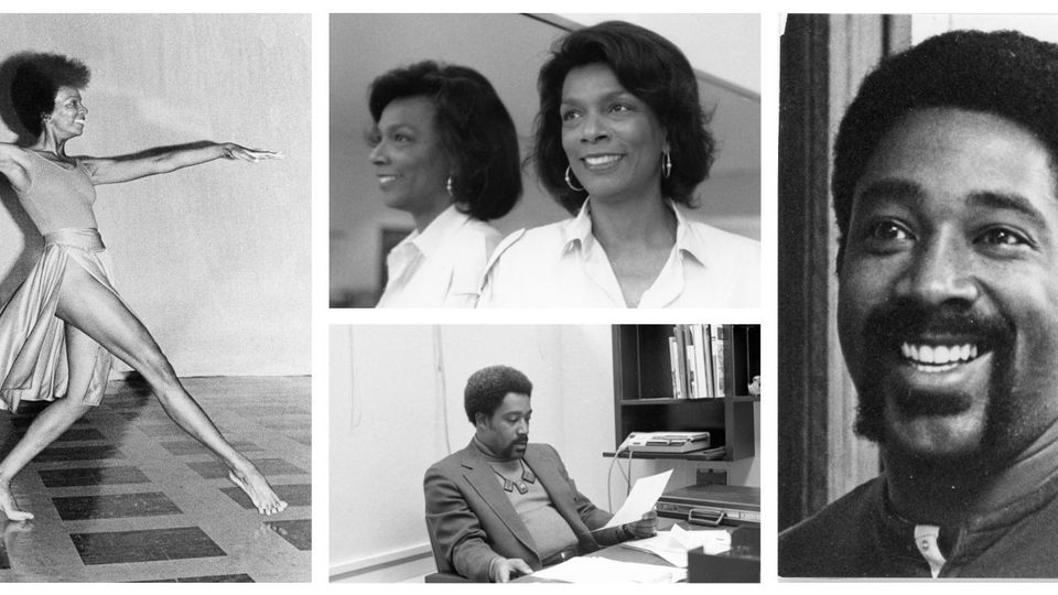 A collage of four photos of Mary and Fred Easter, including one of Mary dancing, one of Fred at his desk, and two portraits.