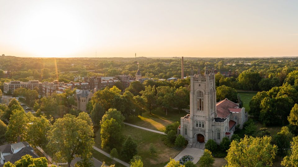 Aeriel view of Carleton's campus at sunset.