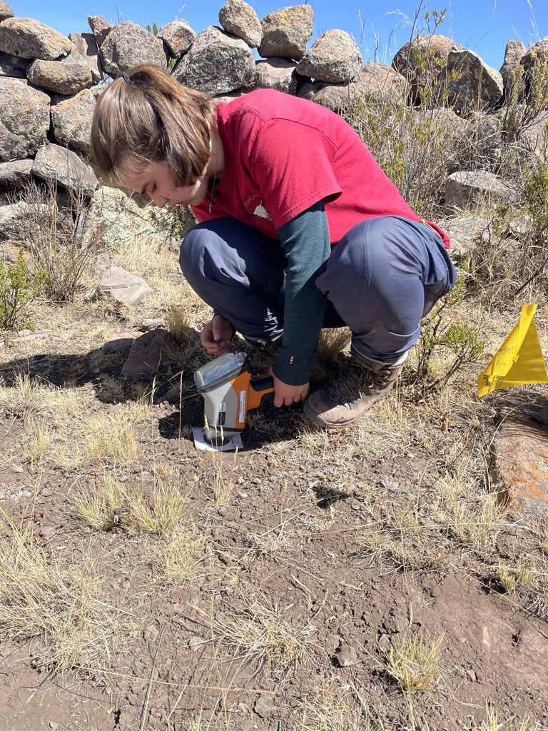 Claire Boyle ’25 uses a pXRF instrument on dirt inside an ancient Aymara dwelling.