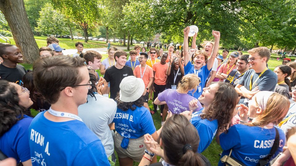 Group of students participate in ice-breaker