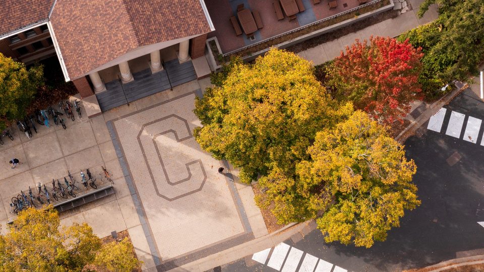 Aerial shot of the brick area in front of Sayles-Hill, where the bricks spell out a C.