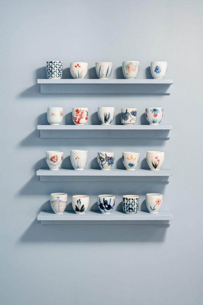 Arrangement of ceramic cups created by Shibata