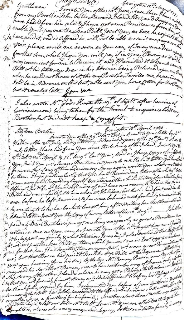 Scan of an 18th century letter with writing filling the page.