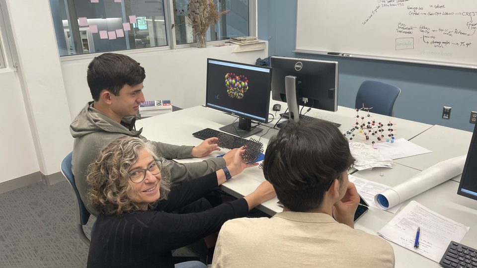 Professor Dani Kohen turns to face the camera as she crouches next to two students working at a table.