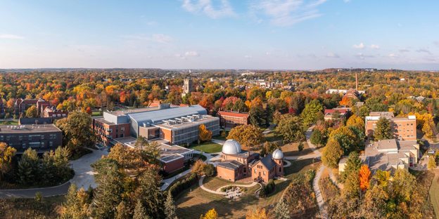 Aerial shot of campus in the fall.