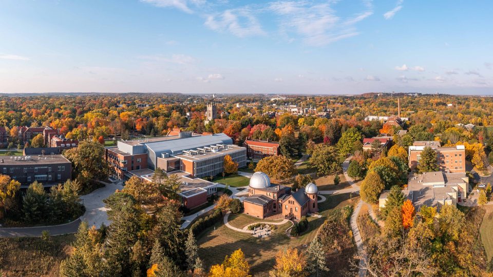 Aerial shot of campus in the fall.