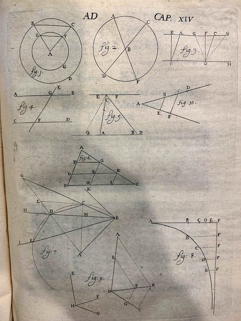 Photo of a page full of old, complicated geometry proofs.