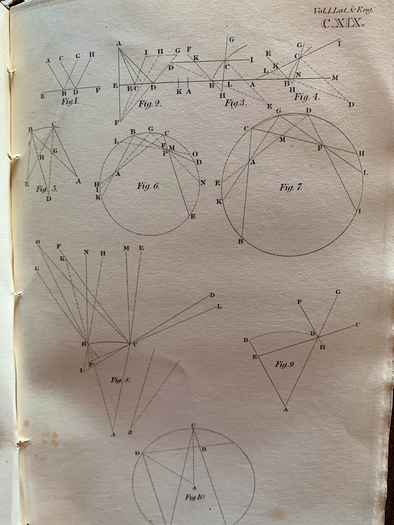 Photo of a page full of old, complicated geometry proofs.