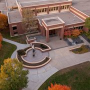 Aerial shot of the front of the library.