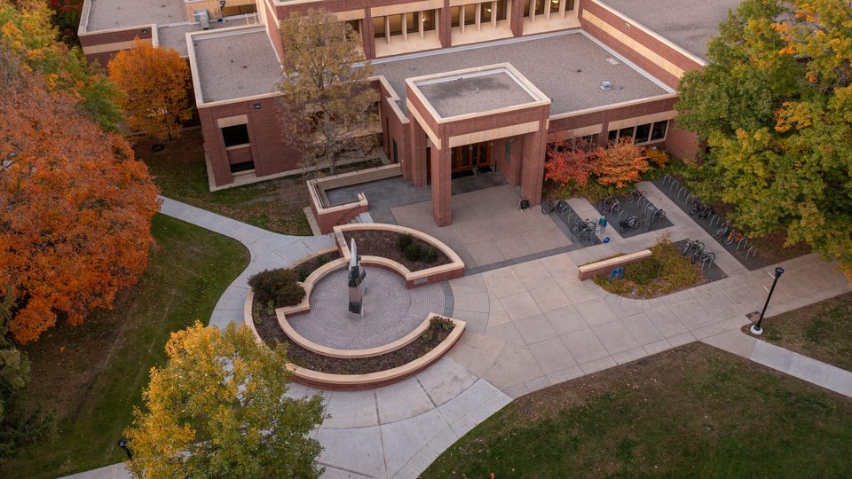 Aerial shot of the front of the library.