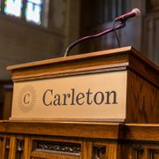 Close-up on the main podium in Skinner Chapel.
