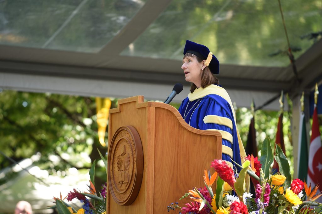 Alison Byerly gives a speech on the Commencement stage.