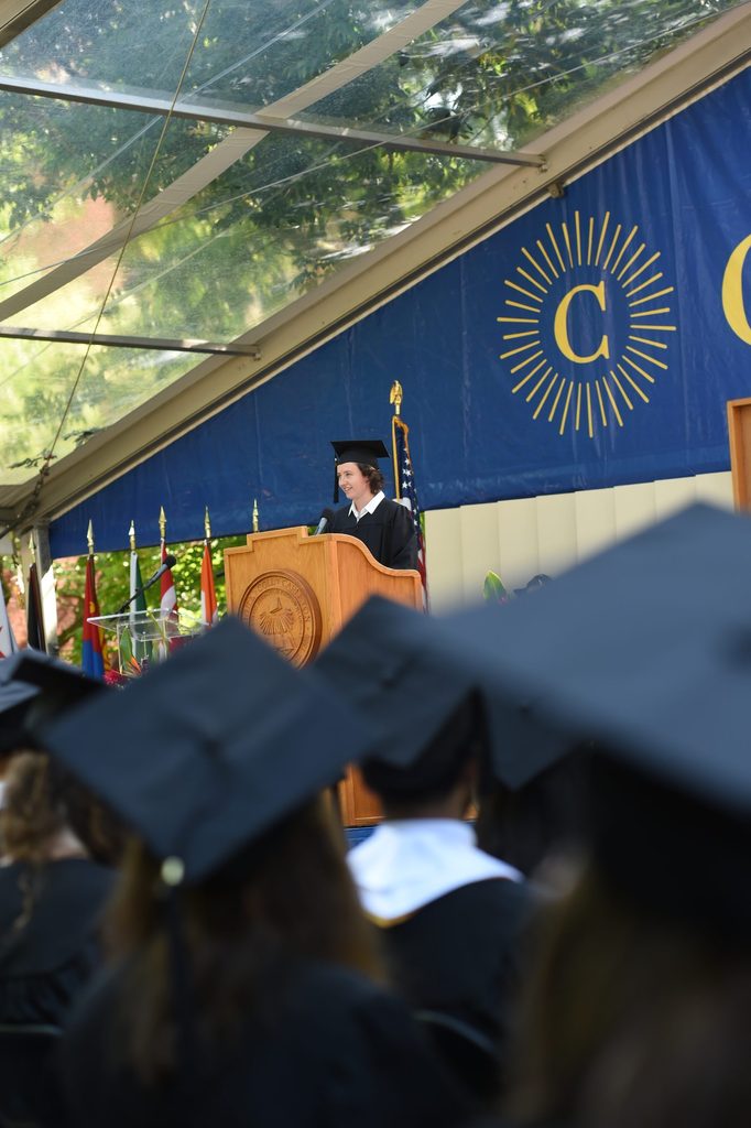 Mary Blanchard gives a speech on the Commencement stage.