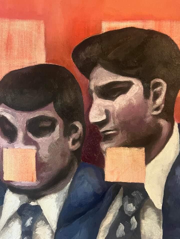 Oil painting of two figures with peach squares
