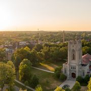 Aerial of Carleton's campus during a summer sunset.