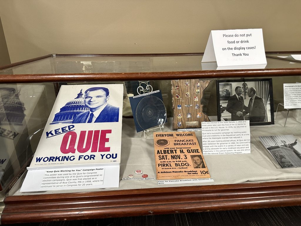Papers in a glass case relating to Al Quie's political career