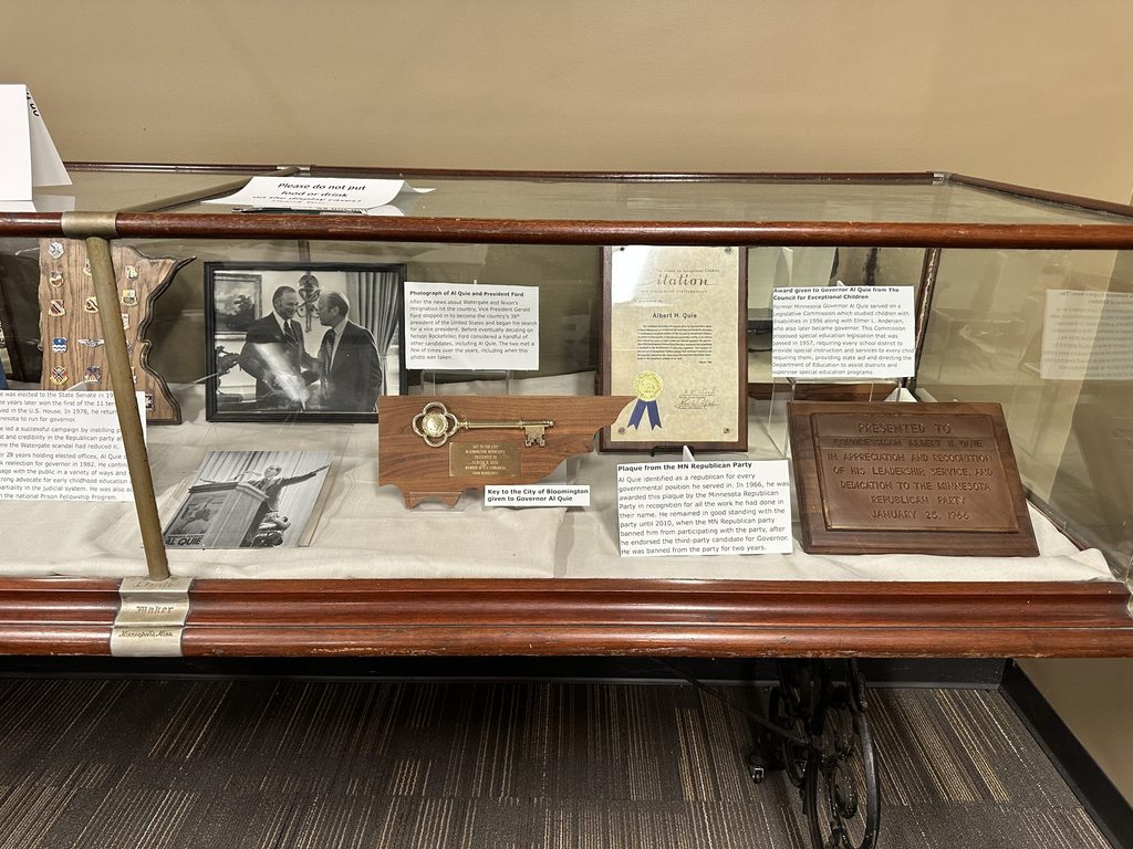 Papers in a glass case relating to Al Quie's political career