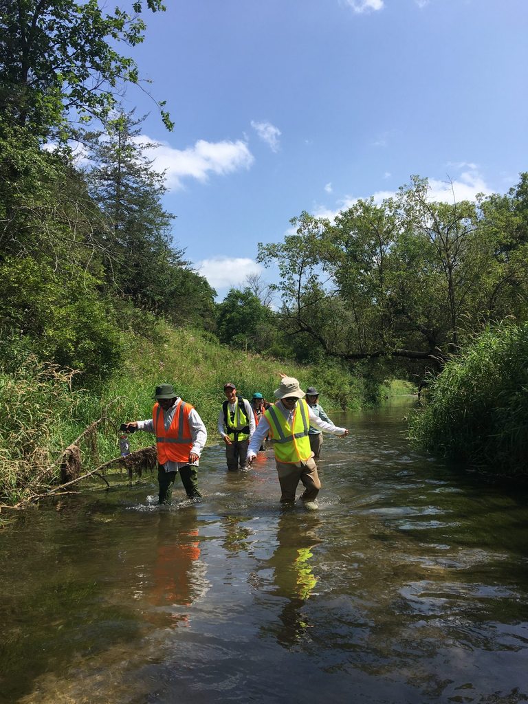 A group of students wading through a river.