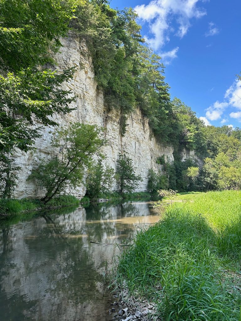 White cliffs with vegetation above a river.