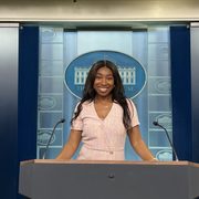Faith Agboola ’24 in the White House press room.