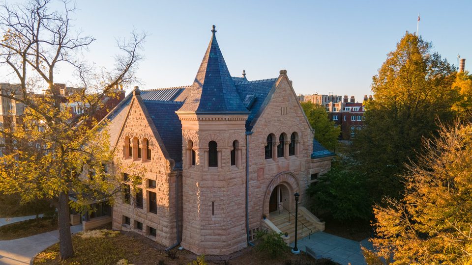 Aerial shot of Scoville in the fall during sunset.