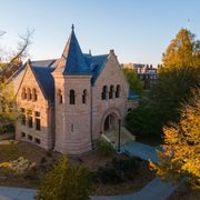 Aerial shot of Scoville in the fall during sunset.