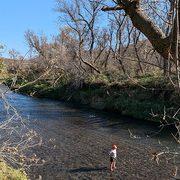 A person stands in a shallow creek.