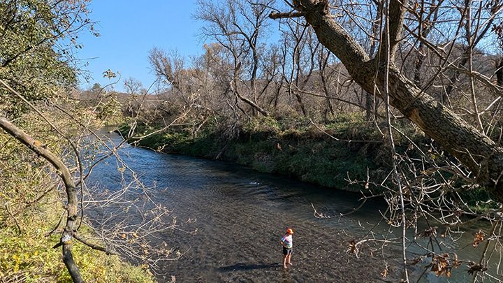 A person stands in a shallow creek.